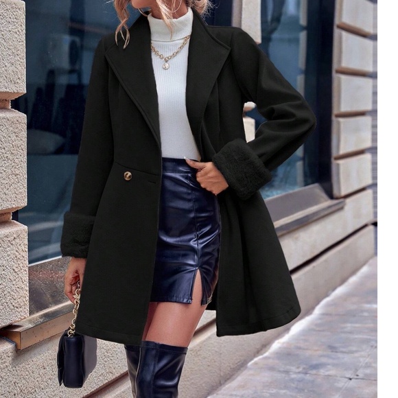 Classic Vegan Fur Double breasted Flared Hem Jacket Coat - Picture 7 of 11